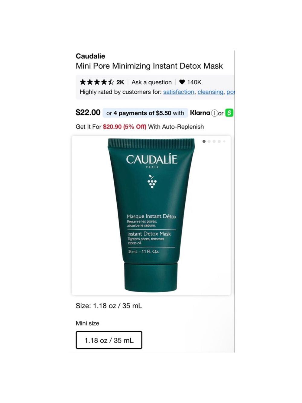 New Caudalie Skincare Detox Mask 35ml